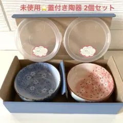 未使用⭐️レンチン可能！蓋付き陶器 小鉢２個セット 花柄　ノンラップ保存容器のサムネイル