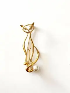 猫シルエットブローチ パール付き