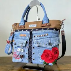一点物｜デニムリメイク 2wayトート｜ポケットたくさん・ストラップ・底鋲付き