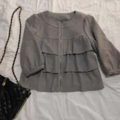 groveフリル付きグレーノーカラージャケットM春ジャケット