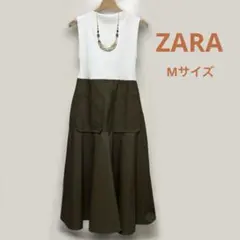【ZARA】 マッチング　ポケット付き　マキシ ワンピース　茶　M フレア袖なし