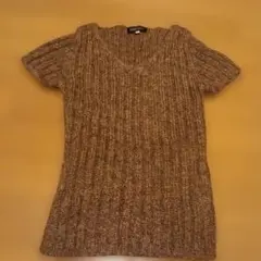 細身ブラウン系 Vネック 半袖ニット