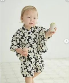 黒地に白い花柄 甚平 70 ロンパース　浴衣　ペアマノン