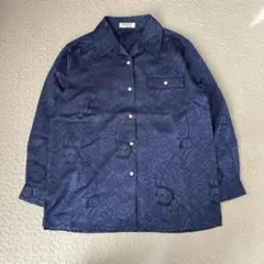 【希少】 一点物 総柄 ジャカードシャツ 日本製 ネイビー系　古着　レトロ