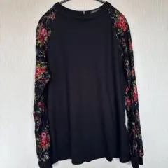 ミホール 花柄 カットソー クルーネック レース袖 M 黒 ワッフル レース