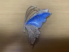 【美品】バタフライ ブローチ 蝶々 モチーフ 青 エナメル調 ハンドメイド