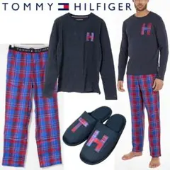 新品 トミーヒルフィガー ロゴスリッパ ＆ロンT＆チェックパンツ 上下 XL相当