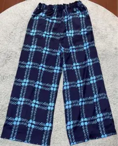 ユニクロ　ARNIE ネイビー 水色 チェック柄 ワイドパンツ