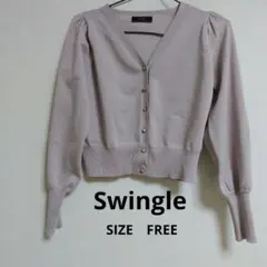 ・【Swingle】パフスリーブ クロップドニットカーディガン ピンクのサムネイル