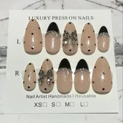 ブラックフレンチ×ドット リボンネイルチップ 韓国ガーリー ワンホンネイル