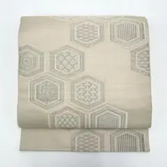 袋帯 正絹 花菱 毘沙門 亀甲 縞 菱 シルバー 吉祥文様 六通柄 銀糸 白