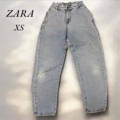 《ザラ》ZARA ダメージ加工デニムパンツXSライトブルーテーパードゴムウエスト