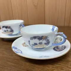 深川製磁　染錦花丸紋 竜手付紅茶碗皿 ティーカップ&ソーサー 2客　有田焼