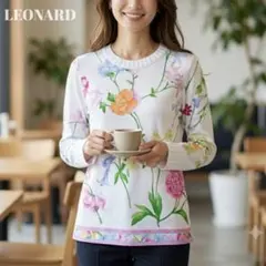 a281【美品】LEONARD レオナール 花柄カーディガン 長袖 ネイビー L