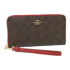 新品 COACH レザー長財布 ブラウン×レッド 収納力抜群 ストラップ付き