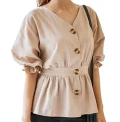 ✴︎GRL✴︎Vネックウエストマークブラウス5分袖