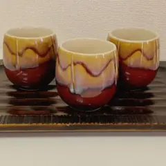 飴色　レトロなお湯呑み　3客セット　琥珀色　　　　　　　　　　96