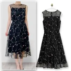 花柄刺繍 ワンピース 黒 シフォン フレアドレス レース ノースリーブ Ｍ 春夏