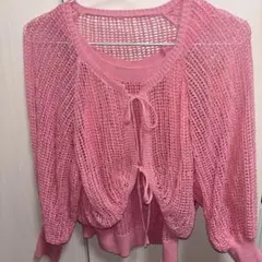 kastane ピンク リボンニット カーディガン 長袖