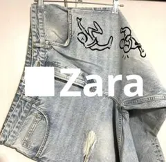 【未使用】■ザラ/Keith Haringグラフィックペイントダメージ加工デニム