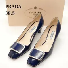 38.5　PRADA　プラダ　パンプス　エナメル　青系　バックル　5cm台ヒール