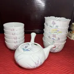 059 有田焼　花柄急須&湯呑み&ボウル鉢 11点セット　箱付