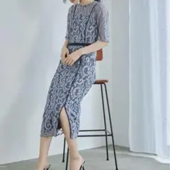 〔niana〕ヴィンテージ風レースタイトドレス/ブルーグレー