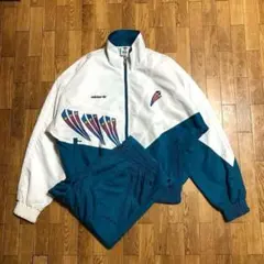 〜80s デサント adidas ウインドブレーカー セットアップ 白 孔雀青