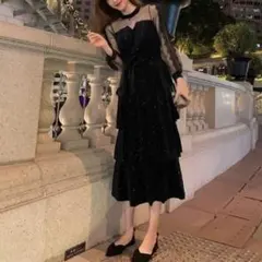 大人気】М ベロア ロングワンピース シースルー 結婚式 お呼ばれ