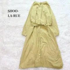 シューラルー 長袖ロングシャツワンピース バンドカラー ウエストリボン 綿100