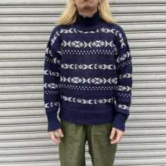 80s☆RalphLauren☆コットンリネン総柄ロールネックセーター☆紺☆M