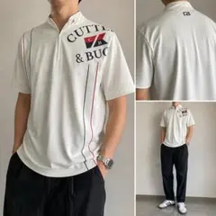 Cutter & Buck メンズ ゴルフポロシャツ L 白×ラインデザインのサムネイル
