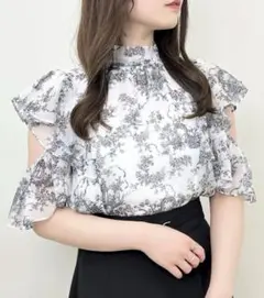 モノトーン花柄シアーフリルノースリーブブラウス