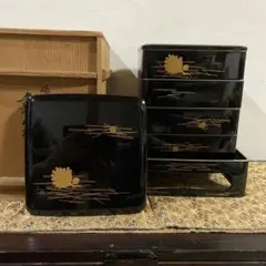 平安象彦 本漆 黒漆塗り ニ段重 手提重 提重 片輪車 扇 共箱 蒔絵 内朱