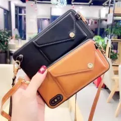 新品☆iPhoneケース ショルダーストラップ付き　黒 茶色 カード収納