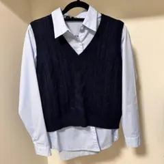 【10/13まで限定値下げ】ネイビー Vネック ベスト ブルー シャツ セット