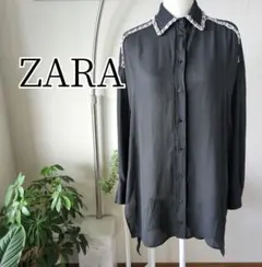 ザラベーシック オーバーサイズシフォンシャツ 襟周りパール 黒