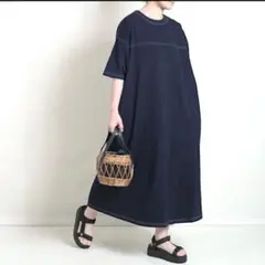 新品 タグ付 ルピリアン デニム ステッチロングワンピース ゆったり ネイビー