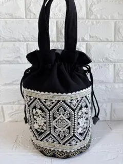 インド刺繍リボン　巾着トートバッグ