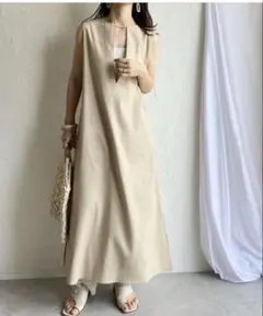 リネンコットン前後2way深Vネックノースリーブロングワンピース