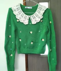 ZARA グリーン ニットセーター レース襟　Mサイズ