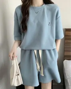 レディース セットアップ 半袖Tシャツ ショートパンツ ブルー