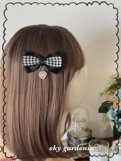 ハンドメイド♡量産型 黒＆白千鳥格子リボンハート ヘアクリップ地雷系ゴスロリ推し