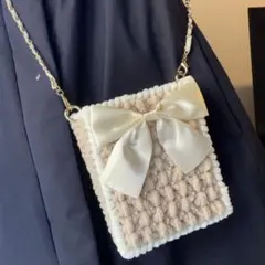 リボン付き毛糸ショルダーバッグ/ハンドメイド