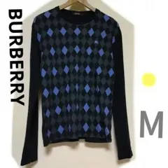✨バーバリーブラックレーベル 　長袖ニットソー　アーガイル　ロゴ刺繍　黒　青　М