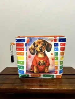 マルチポーチ大きめパネル生地　Tシャツミニチュアダックス　レゴチャーム