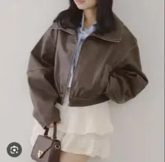【美品】韓国っぽ♡ ショート丈フェイクレザージャケット ブラウン