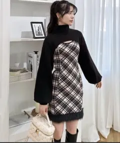 ROYAL PARTY チェックレイヤードヘムファーニットミニワンピース