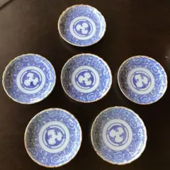 美品　美品　陶器　年代物　染付　小皿　色合いが美しい　唐草　牡丹の絵柄　6枚