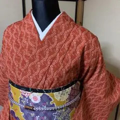 美品‼︎▪️さんび洗える着物 ▪️小紋▪️煉瓦色 163-裄66 ほぼ未使用
